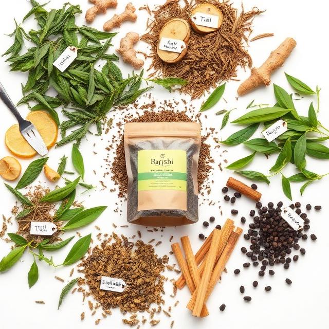 Rajrishi Herbal Tea 100g and 250g pouches with copper kettle and dried herbs, Ayurvedic packaging