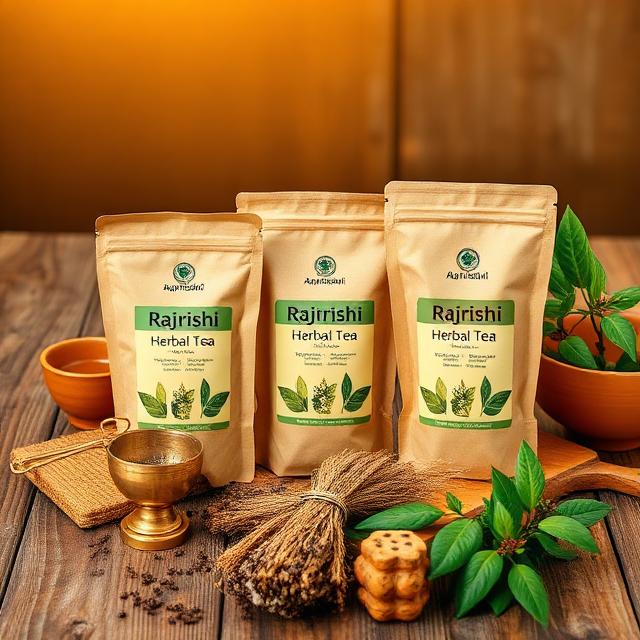 Steaming cup of Rajrishi Herbal Tea on wooden table with honey and lemon, morning wellness